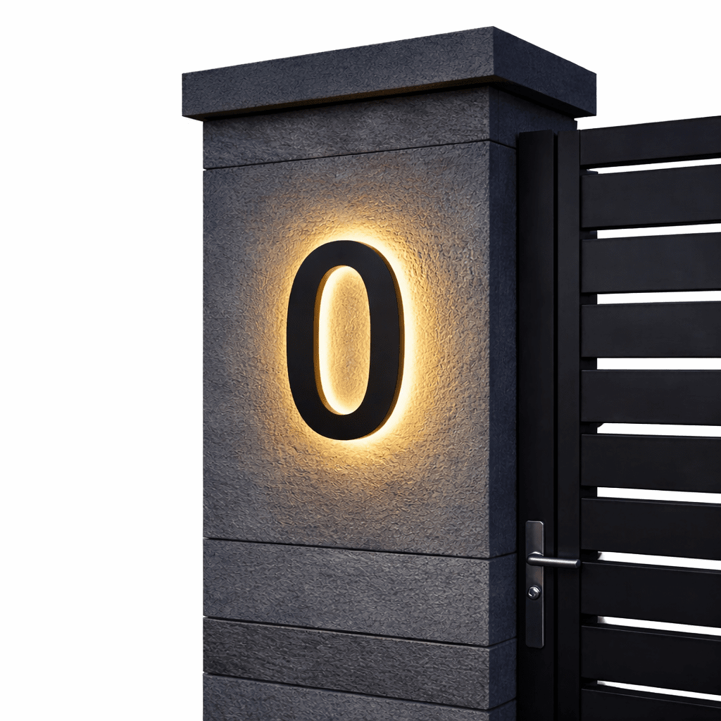 Zwart huisnummer 0 met warm achtergrondlicht op een grijze stenen pilaar naast een zwarte poort, op witte achtergrond. 6