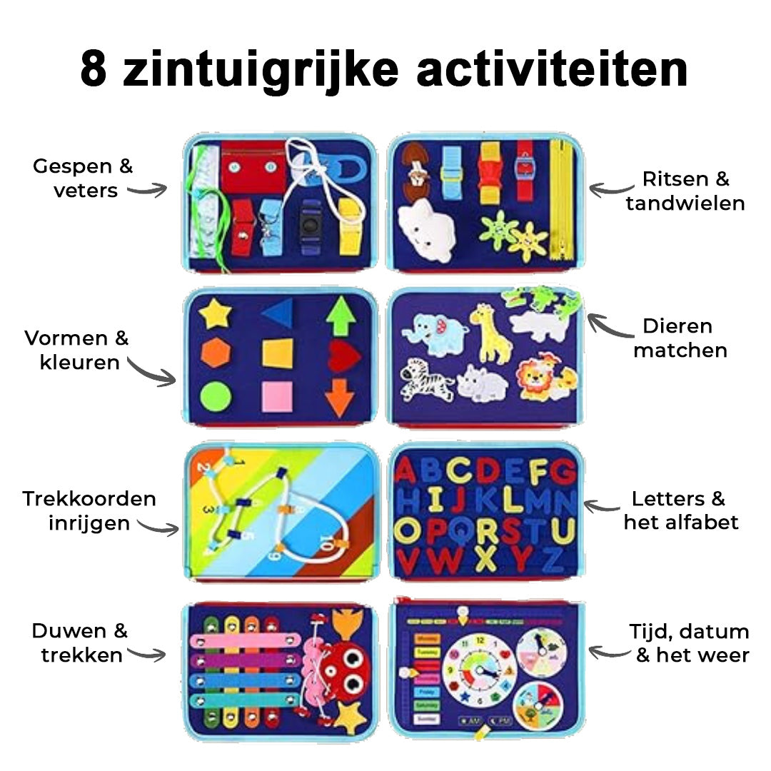 Overzicht van de acht activiteitenpagina's met Nederlandse omschrijvingen, van gespen en ritsen tot klok en alfabet 6