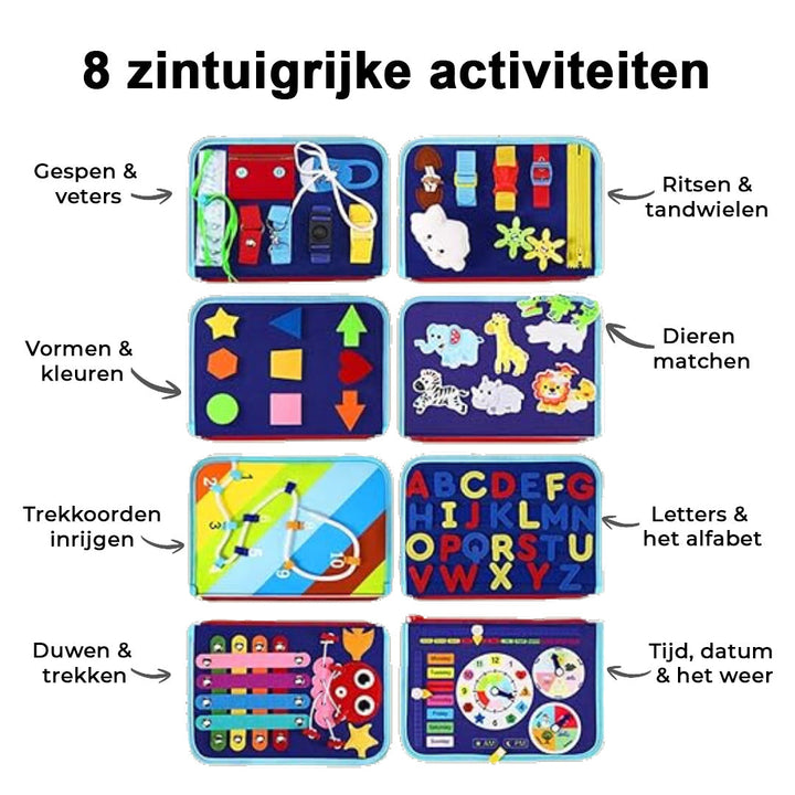 Overzicht van de acht activiteitenpagina's met Nederlandse omschrijvingen, van gespen en ritsen tot klok en alfabet 6