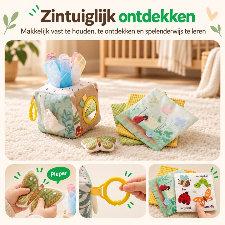 Kubus en voelkaartjes op een vloerkleed, met detailfoto's van de piepende vlinder, de gele ring en het kaartje 3