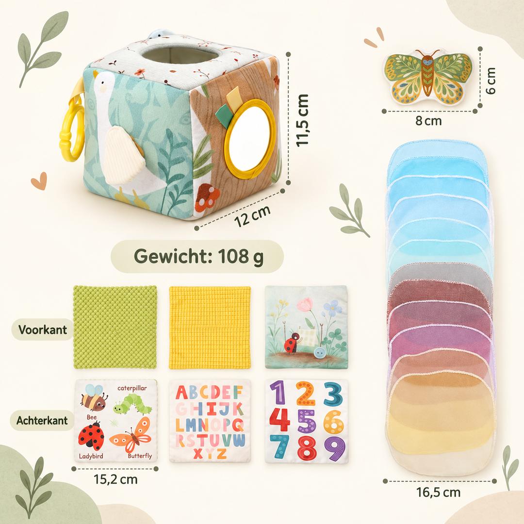 Maatoverzicht van de kubus, vlinder, doekjes en voor- en achterkant van de voelkaartjes met dieren, letters en cijfers 5