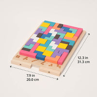 Houten bord volledig gevuld met gekleurde blokken, met maataanduidingen in centimeters en inches langs de lengte en breedte. 6