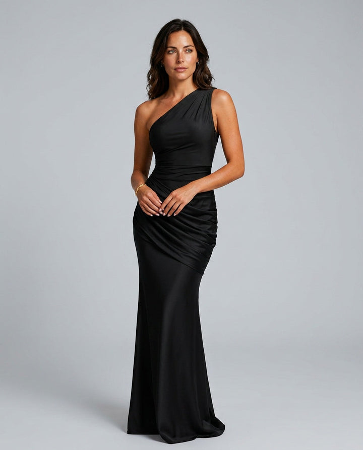 One Shoulder Draped Satin Maxi Dress 1