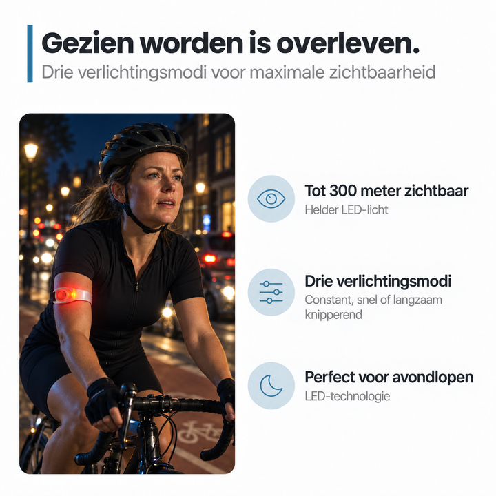 Wielrenster met helm draagt 's avonds de armband met rood licht om haar bovenarm in de stad 3