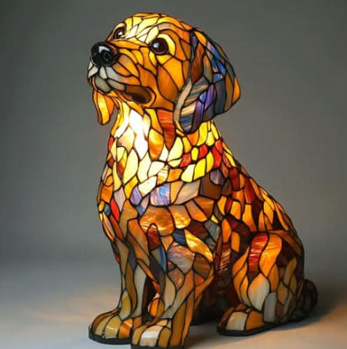 Zittende golden retriever met omhoog gerichte kop, gloeiend in warme oranje en gele mozaïektinten. 14