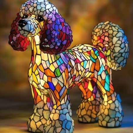 Staande poedel met paarse en rode oren en fijn mozaïek van kleine veelkleurige stukjes glas. 19