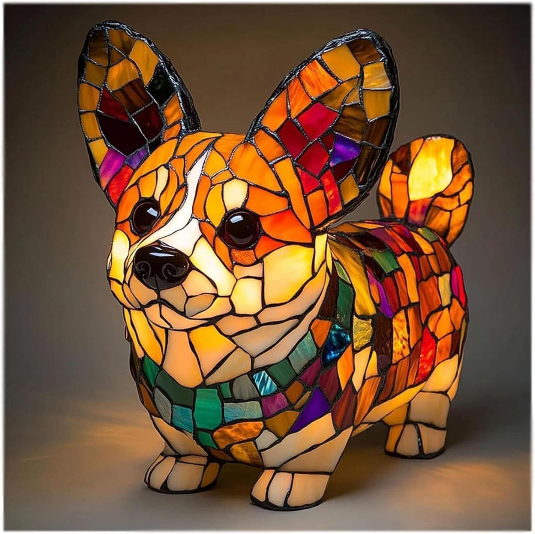 Dikke corgi-lamp met enorme oren en krulstaart, samengesteld uit veelkleurige mozaïekvlakjes en warm verlicht tegen een donkere achtergrond. 25