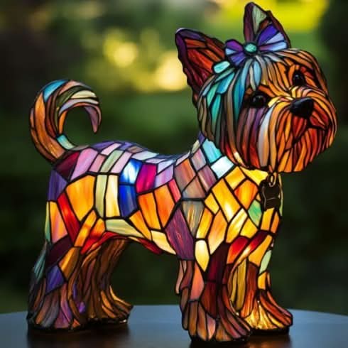 Yorkshire-terriër-lamp in glas-in-lood-stijl met strikje op de kop en omhoog gekrulde staart, van opzij gezien in kleurrijke mozaïektinten. 27