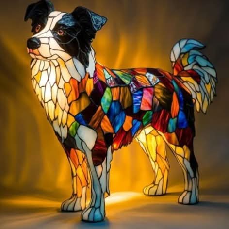 Staande border collie met zwart-wit kop en kleurrijk mozaïeklichaam, gloeiend tegen een warme gele achtergrond. 3