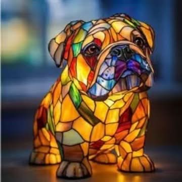 Zittende bulldog van gekleurd mozaïekglas, schuin van voren gefotografeerd met warm oranje gloeiend lichaam. 5