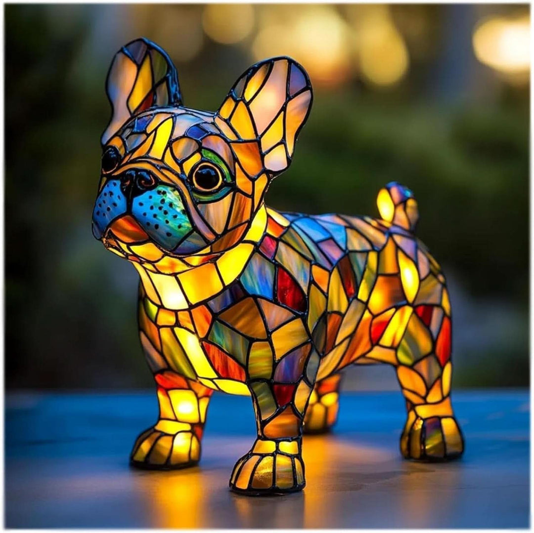 Franse bulldog met rechtopstaande oren en blauwe snuit, gloeiend in geel en oranje mozaïek, buiten bij avondlicht. 7
