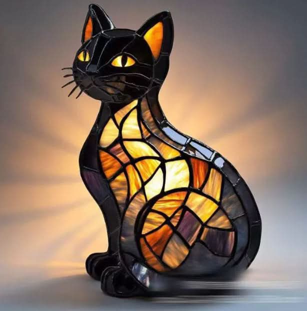 Zittende zwarte kat met gele ogen, wiens lichaam warm oranje en paars gloeit in glas-in-loodstijl. 8