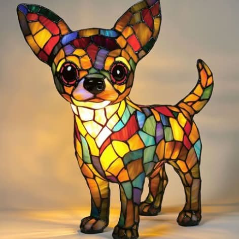 Staande chihuahua met grote oren en bonte mozaïekvlakken, helder gloeiend tegen een lichte achtergrond. 9