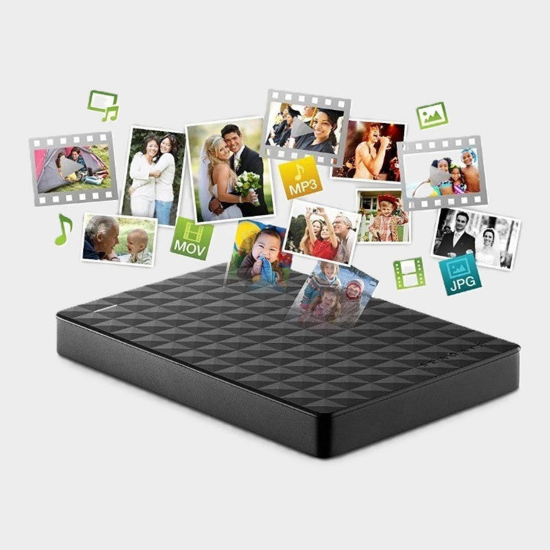 Zwarte schijf met zwevende foto's, video's en muziekpictogrammen die laten zien wat je kunt opslaan 6