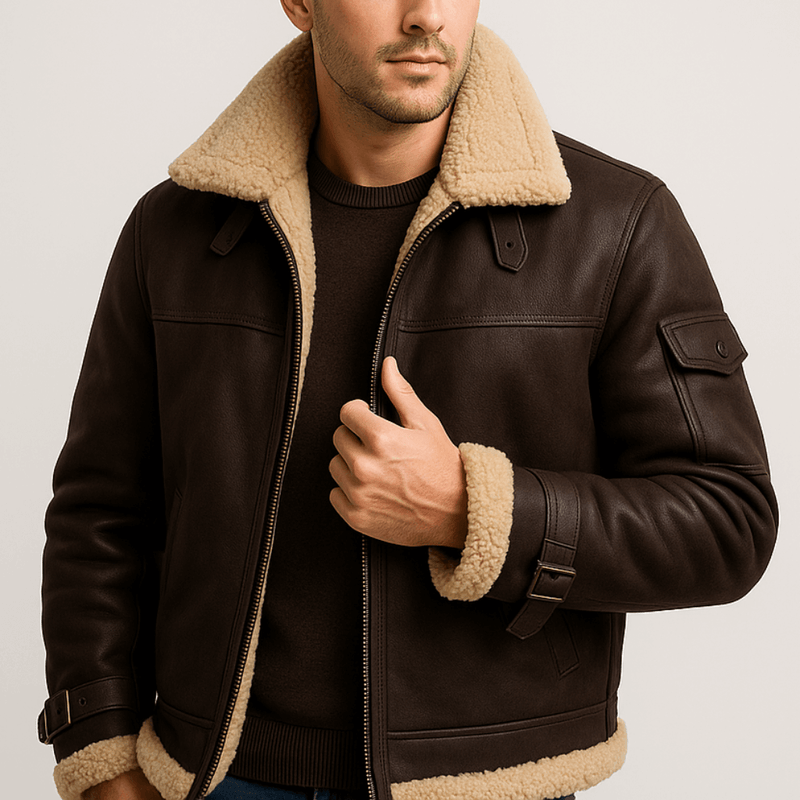 Model draagt de donkerbruine leren jas met beige teddykraag, open over een donkere trui, met mouwzak en gespbandjes. 2