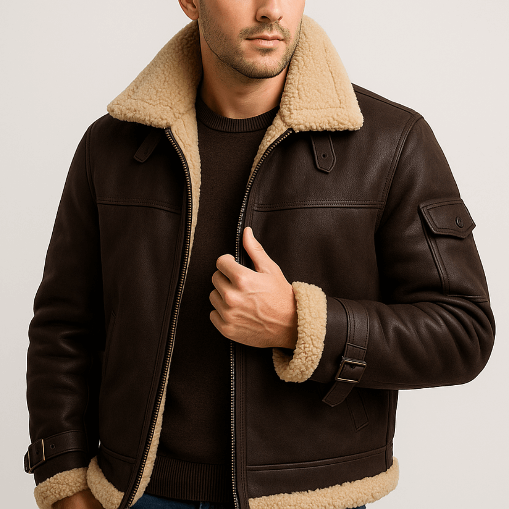Model draagt de donkerbruine leren jas met beige teddykraag, schouderlipjes en mouwzak, open over een donkere trui. 8