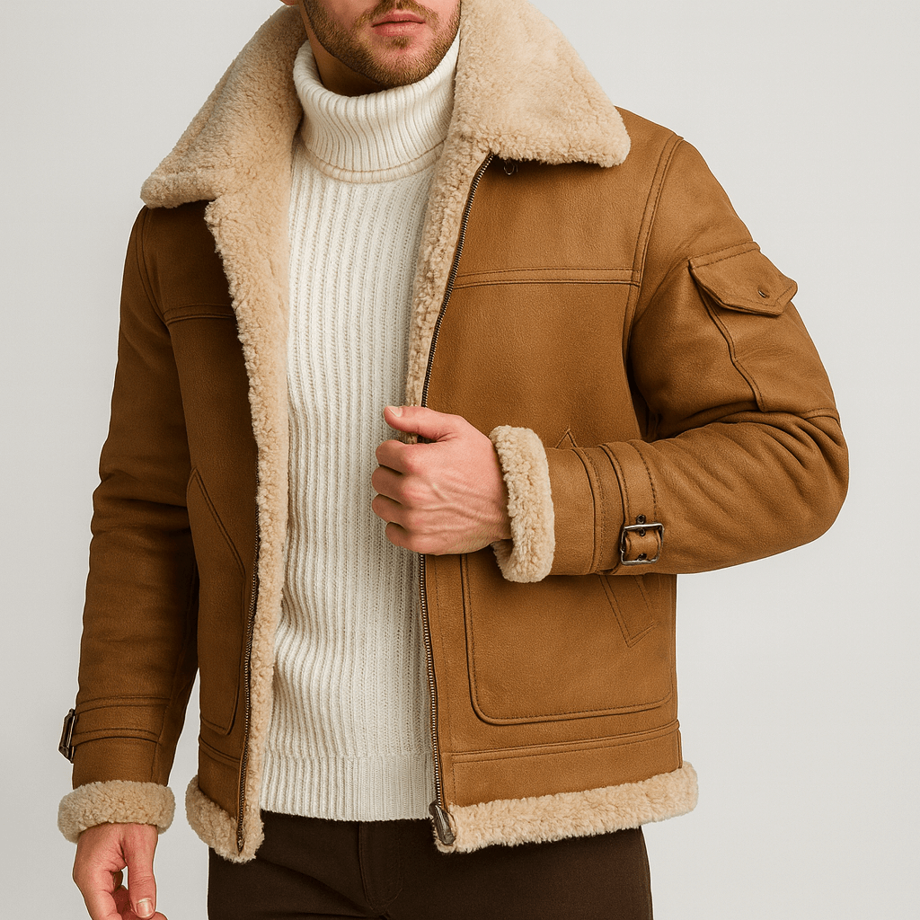 Model draagt de cognacbruine leren jas met teddyvoering en opgestikte zakken, deels open over een witte coltrui. 5
