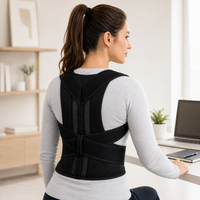 Vrouw met paardenstaart zit in een lichte werkruimte aan een bureau en draagt de zwarte brace over een grijs shirt. 12