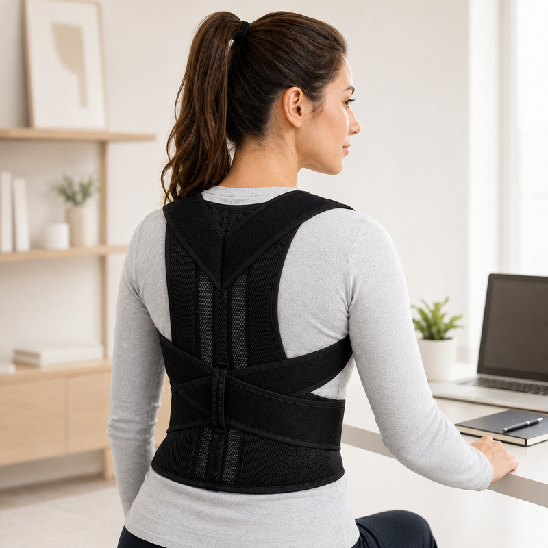 Vrouw met paardenstaart zit in een lichte werkruimte aan een bureau en draagt de zwarte brace over een grijs shirt. 12