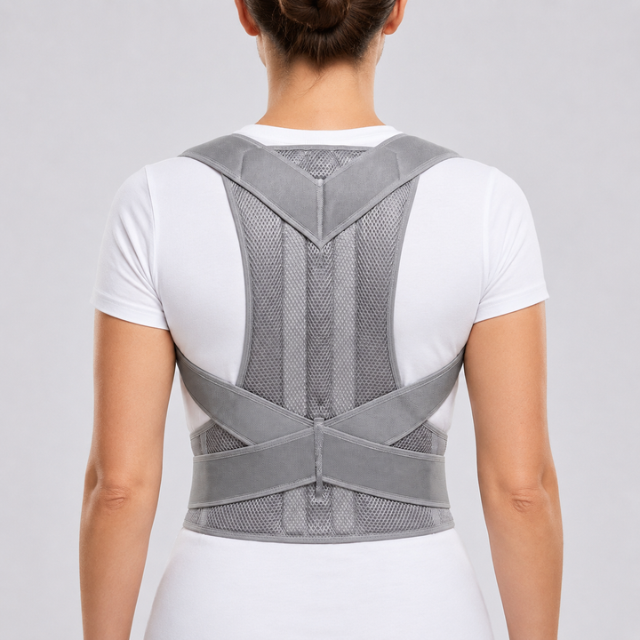 Vrouw van achteren in een wit shirt met de grijze houdingbrace, schouderpanelen en gekruiste banden goed zichtbaar. 2