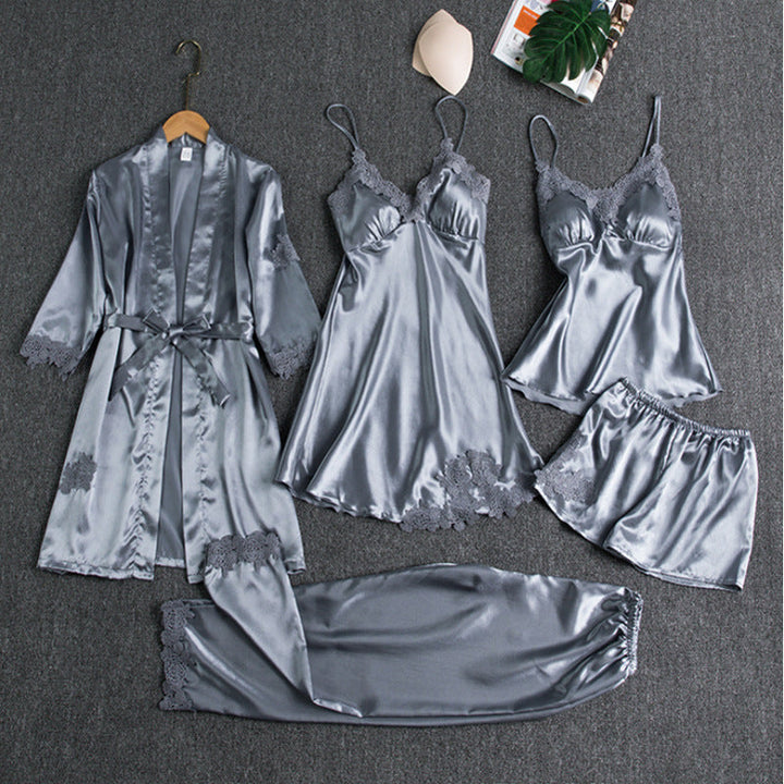 Satin 5-piece sleep set with lace for women – Liora