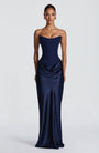 Marineblauwe strapless korsetjurk met glanzende satijnen rok, frontaal gefotografeerd 6