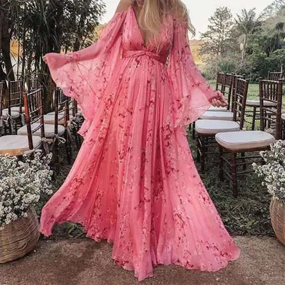 Schwingendes rosa Chiffonkleid mit ausgestellten Ärmeln - Isabelle