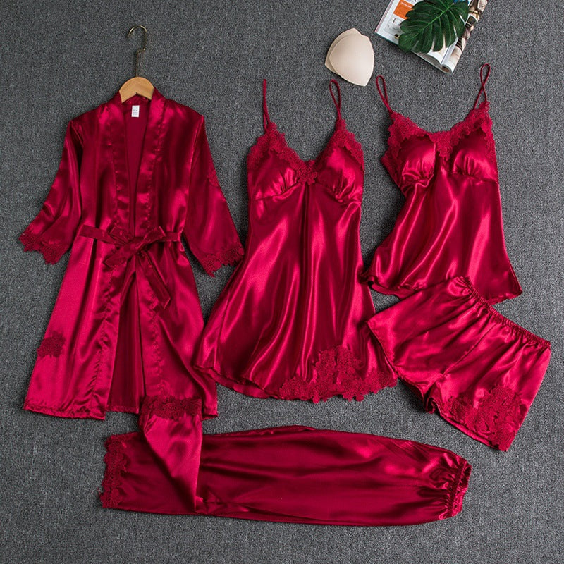 Satin 5-piece sleep set with lace for women – Liora