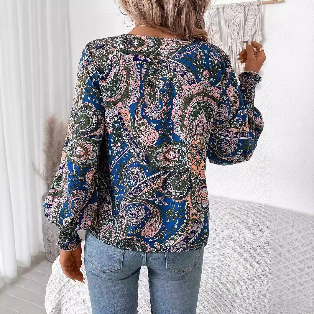 Bloemenprint damesblouse met V-hals en lantaarnmouwen - Malina