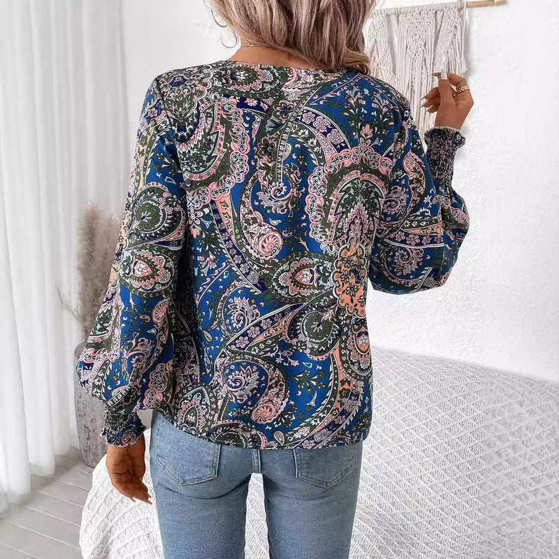 Bloemenprint damesblouse met V-hals en lantaarnmouwen - Malina