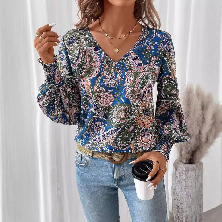 Bloemenprint damesblouse met V-hals en lantaarnmouwen - Malina