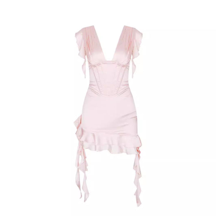 Asymmetrische ruches jurk met V-hals en figuuraccentuering – Elira