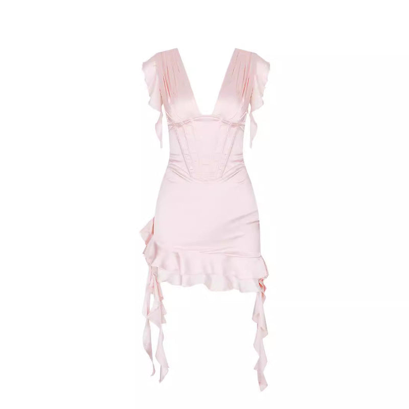 Asymmetrische ruches jurk met V-hals en figuuraccentuering – Elira