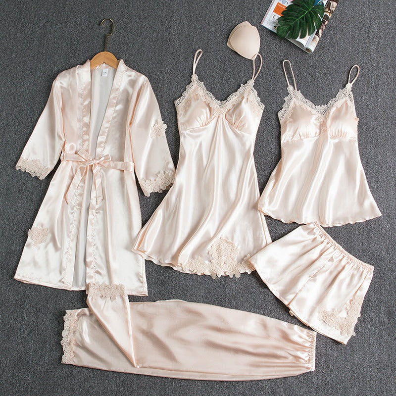 Satin 5-piece sleep set with lace for women – Liora