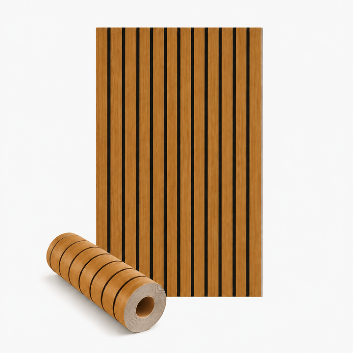 Uitgerolde baan en opgerolde rol van lattenpanelen met warm houtmotief en zwarte tussenstroken op witte achtergrond 1