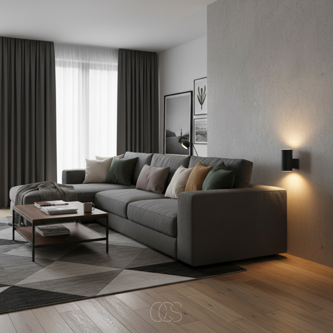 Zwart wandlampje op een betonnen muur naast een grijze hoekbank in een woonkamer, met warm licht omhoog en omlaag. 8