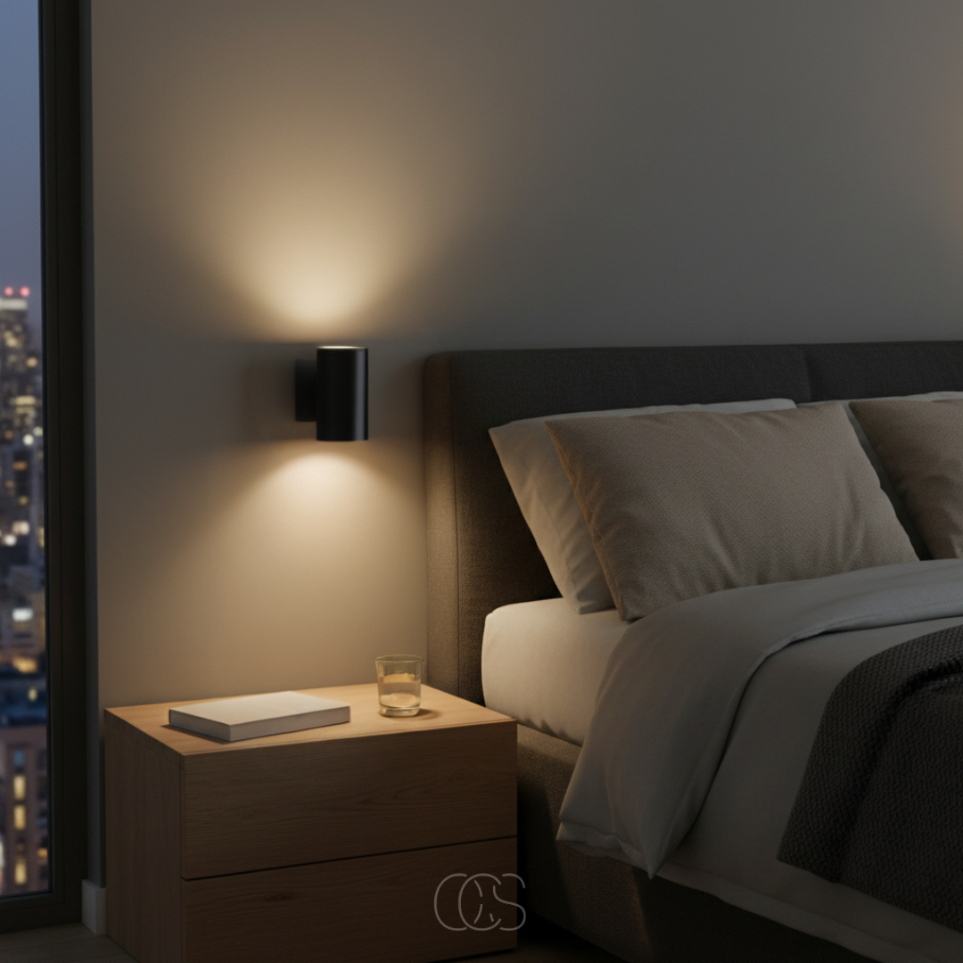 Zwart wandlampje boven een houten nachtkastje naast een bed, met warm licht in een slaapkamer met uitzicht op de stad. 7