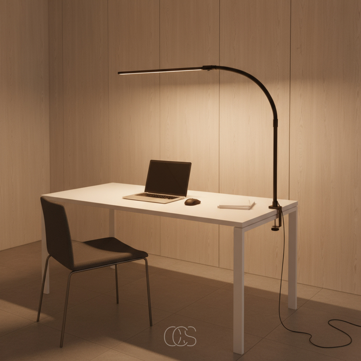 Lamp met tafelklem aan de rand van een wit bureau in een houten wandpaneelruimte 7