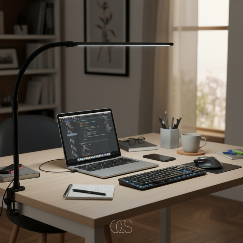 Zwarte klemlamp met lange gebogen arm boven een houten bureau met laptop, toetsenbord, muis en notitieblok 6