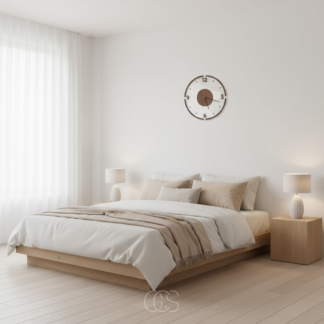 Wandklok aan de muur boven een bed met neutraal beddengoed in een rustige slaapkamer 4