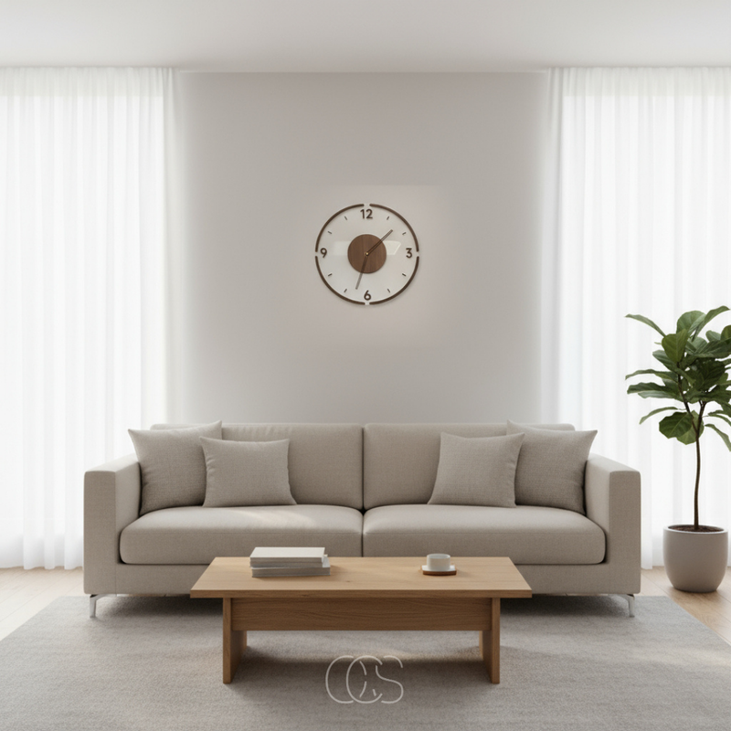 Wandklok gecentreerd boven een beige bank met kussens en houten salontafel in een heldere woonkamer 6