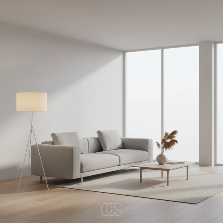 Witte statieflamp met crèmekleurige kap naast een grijze bank in een lichte woonkamer met houten vloer 6