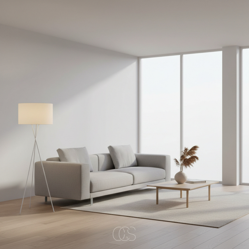 Witte statieflamp met crèmekleurige kap naast een grijze bank in een lichte woonkamer met houten vloer 6