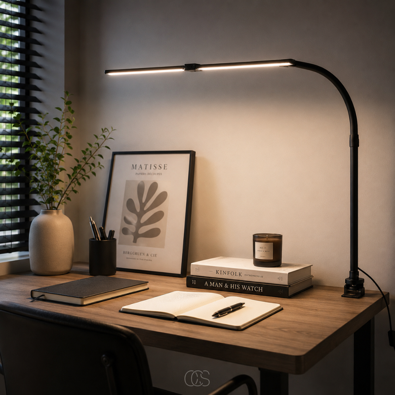 Lamp verlicht een bureau met opengeslagen notitieboek, ingelijste poster, geurkaars en boeken bij het raam 9
