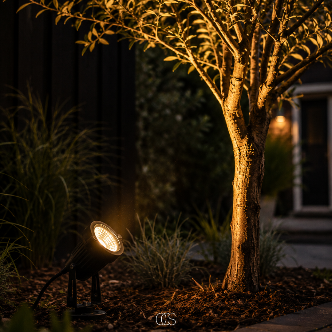 Tuinspot op een grondpen werpt warm licht op de gegroefde stam van een boom in een donkere tuin. 5