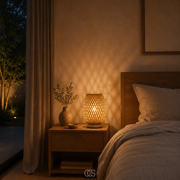 Brandende bamboelamp op een houten nachtkastje naast het bed, met een kleine vaas, boeken en gordijnen in warm avondlicht. 3