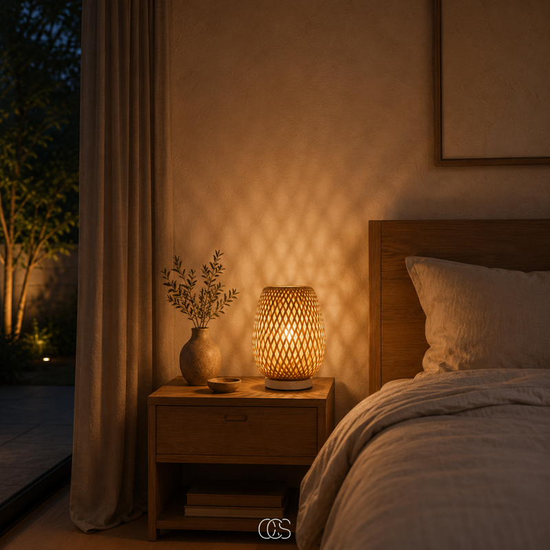 Brandende bamboelamp op een houten nachtkastje naast het bed, met een kleine vaas, boeken en gordijnen in warm avondlicht. 3