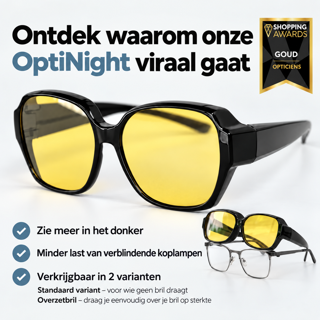 Overzetbril met gele lenzen, met kleiner een model dat over een bril op sterkte gedragen wordt. 4