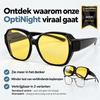 Overzetbril met gele lenzen, met kleiner een model dat over een bril op sterkte gedragen wordt. 4