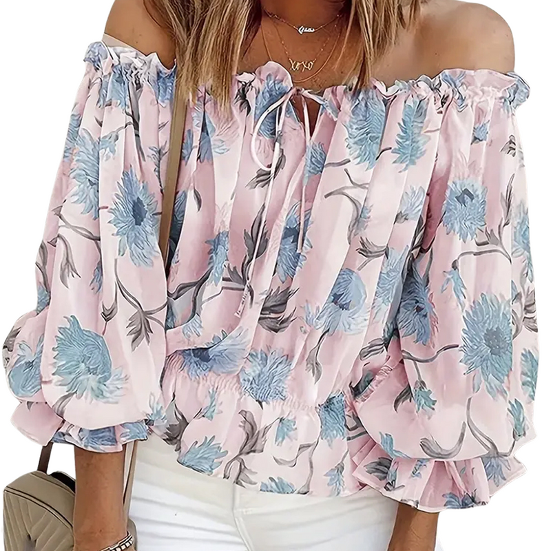 Schulterfreie Blumenbluse mit Rüschen – Fayenne